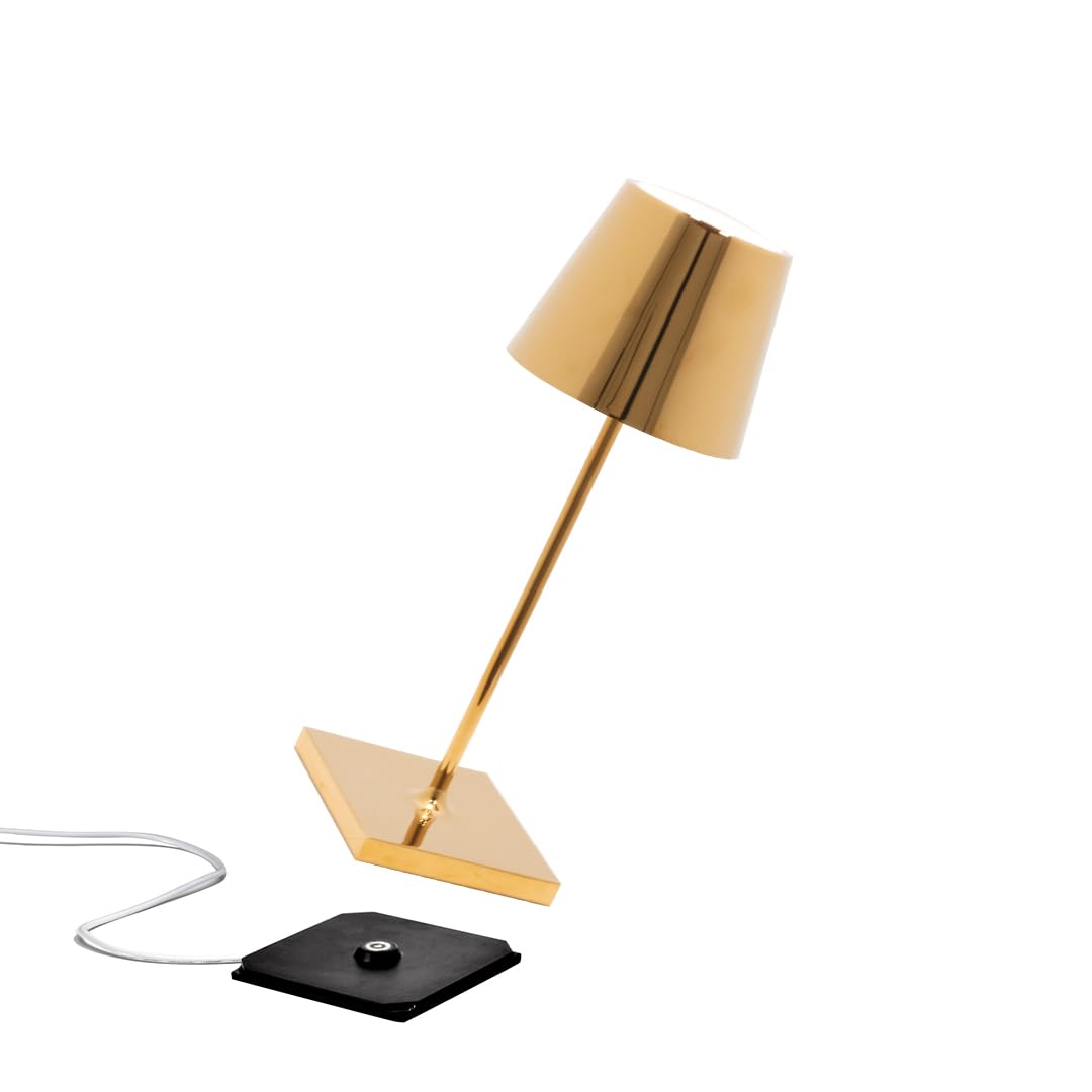 Zafferano, Poldina Pro Mini Lamp With Glossy Gold Finish, Rechargeable Cordless Table Lamp With Touch Controls, Usable As An Ind