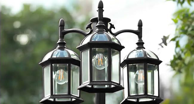 Partphoner Aluminum Outdoor Lamp Post, 3-Head Modern Street Light With Clear Glass Panels