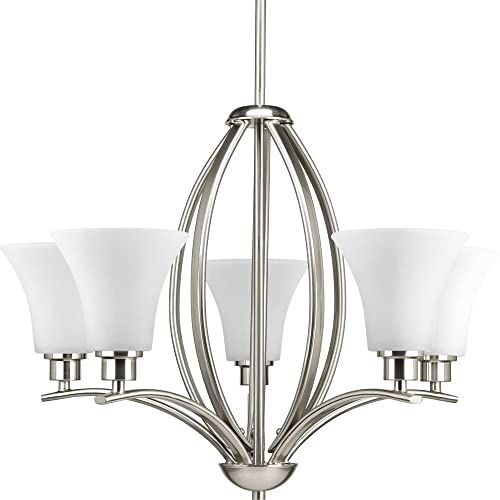 Joy Collection 5-Light Etched White Inside Glass Traditional Chandelier Light Brushed Nickel