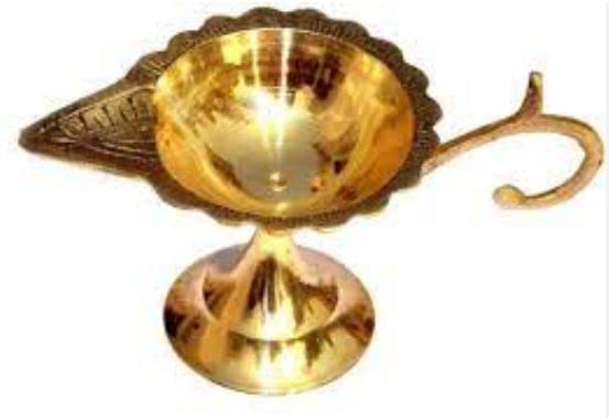 Rudram Brass Puja Diya with Curved Handle (Gold, 1.5 Inch X 3.1 Inch X 3.9 Inch)