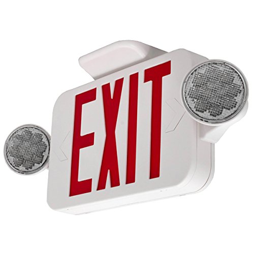 Lfi Lights | Combo Red Exit Sign With Emergency Lights | White Housing | All Led | Two Adjustable Round Heads | Hardwired With Battery Backup | Ul Listed | (2 Pack) | Combojr2-R