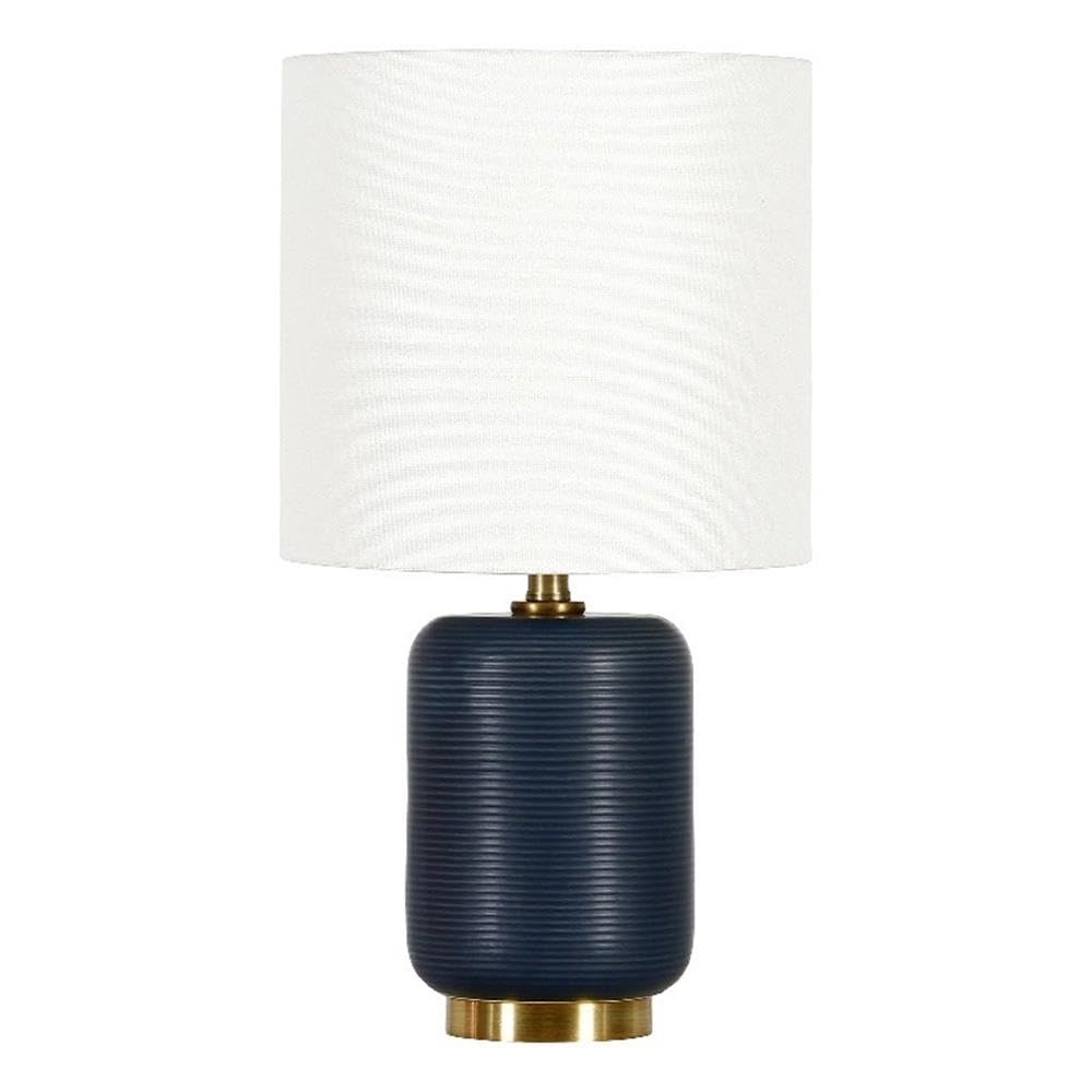 Henn&Hart 15 Modern 1-Light Table Lamp with Chiffon White Fabric Drum Shade for Living Room, Bedroom, or Office, Flat Dark Blue