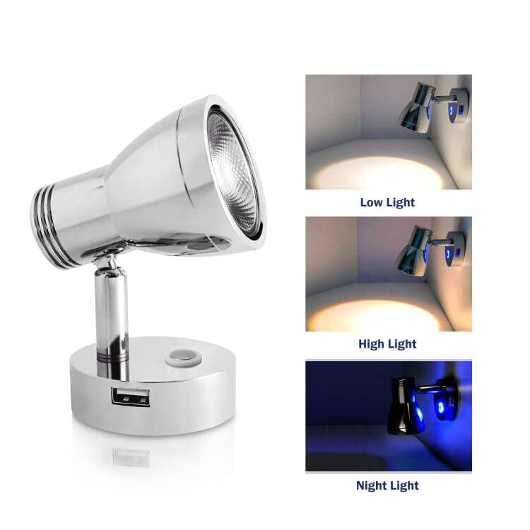 THALASSA 3W RV Wall Reading Lamp with USB Port, Low Voltage LED, Chrome Finish, Model L0259U, Warm White Light for Caravan and Boat