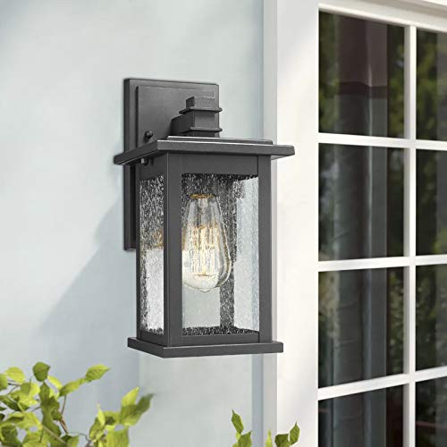 Emliviar 2 Pack Outdoor Wall Mount Lights, Black Lanterns With Clear Seeded Glass