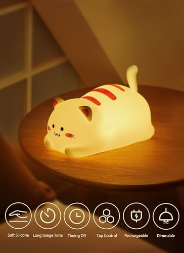 Minetom Cat Night Light For Kids, Cute Silicone Night Light With 2 Levels Brightness, Kawaii Rechargeable Lamp For Bedroom, Girls And Boys, Toddler, Nursery, Baby Gifts, 15/30/60 Mins Timing