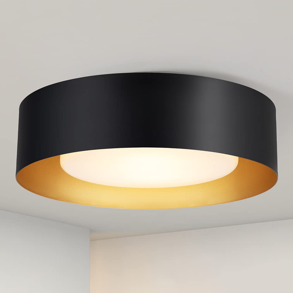 Yiisem Modern Black and Gold Flush Mount Ceiling Lights, 16.5 Minimalist Glass Round Ceiling Lighting, Drum Close to Ceiling Lig