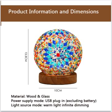 Turkish Table Lamp (D:4.7'' X H:5.2''),Mosaic Glass Lamps With Wooden Base, Bohemian Tiffany Bedside Lamps, Usb Power Moroccan L