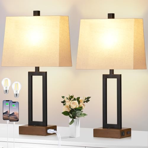 Lolikit Set Of 2 Black Table Lamps With Usb Ports, Ac Outlet, 23.5&quot; Modern Bedside Lighting