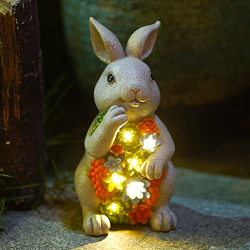 Nacome Solar Garden Bunny Statue With Succulent & Led Lights - Outdoor Lawn Decor, Light Grey