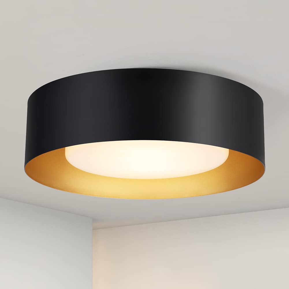 Yiisem Modern Black and Gold Flush Mount Ceiling Lights, Glass Round Ceiling Lighting, Minimalist Drum Close to Ceiling Light Fi