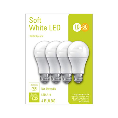 GE LED Light Bulbs, A19 Standard, Soft White, 60 Watt Equivalent, Glass, 4 Pack