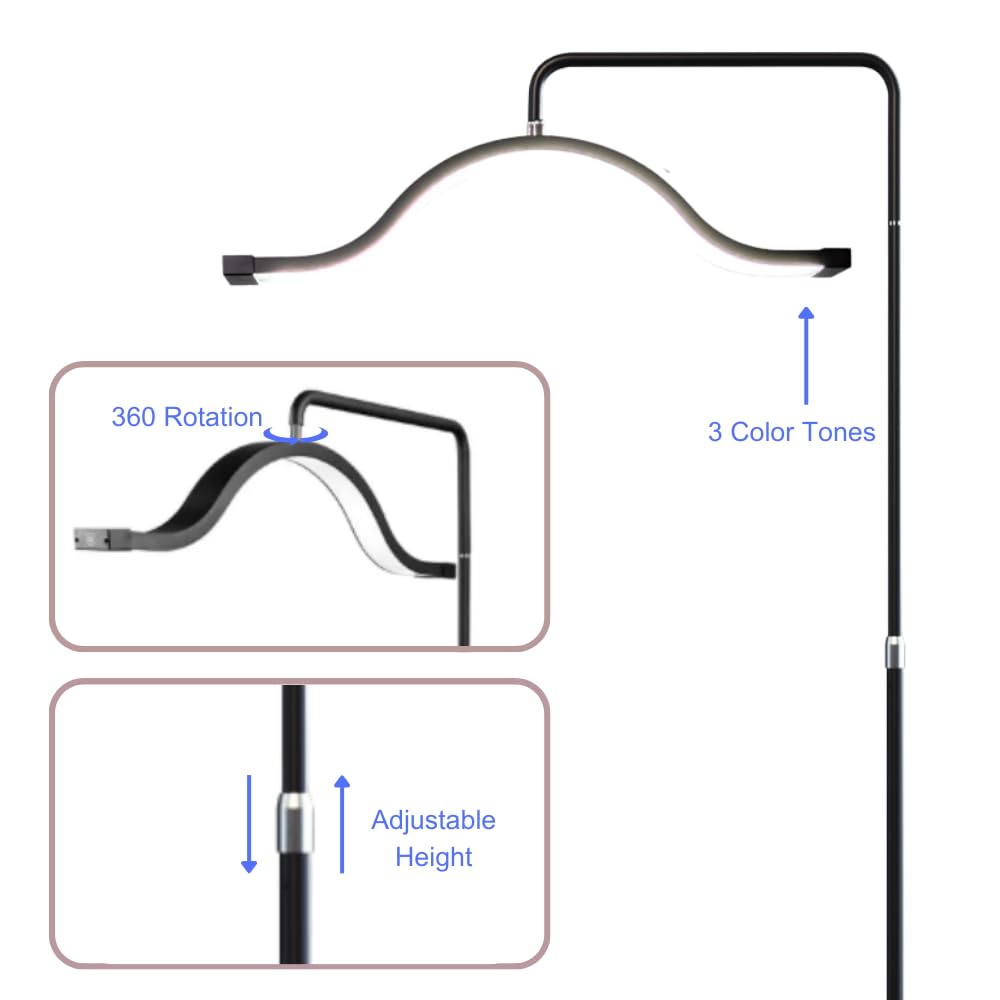 Atlas View Adjustable Half Moon LED Floor Lamp - Dimmable Touch Control, Rotatable Halo Design, Black, Model Y13