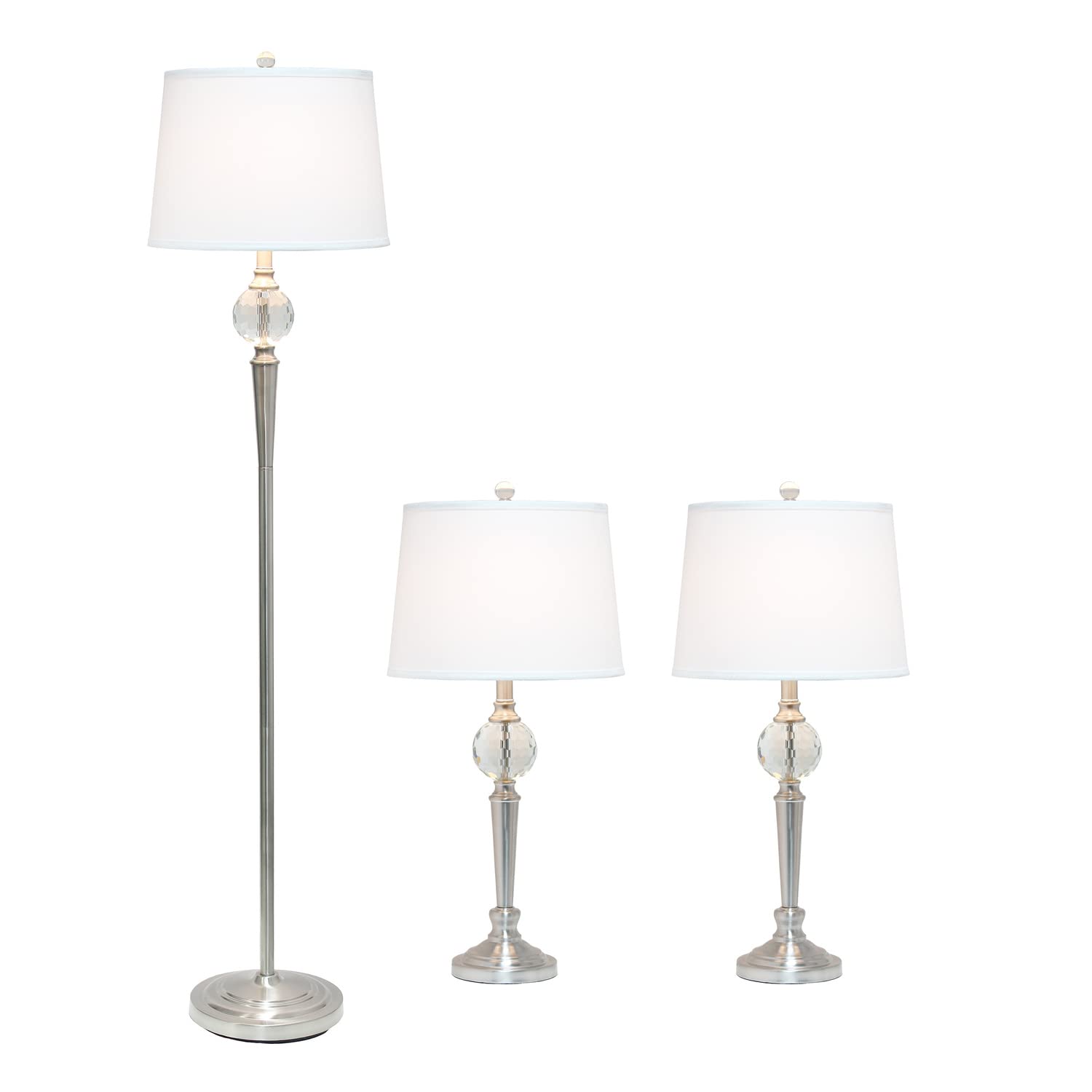 Elegant Designs LC1021-BSN Table Lamp Set, 3 Pack, Brushed Nickel, Crystal Accented Base, 2 Table Lamps & 1 Floor Lamp