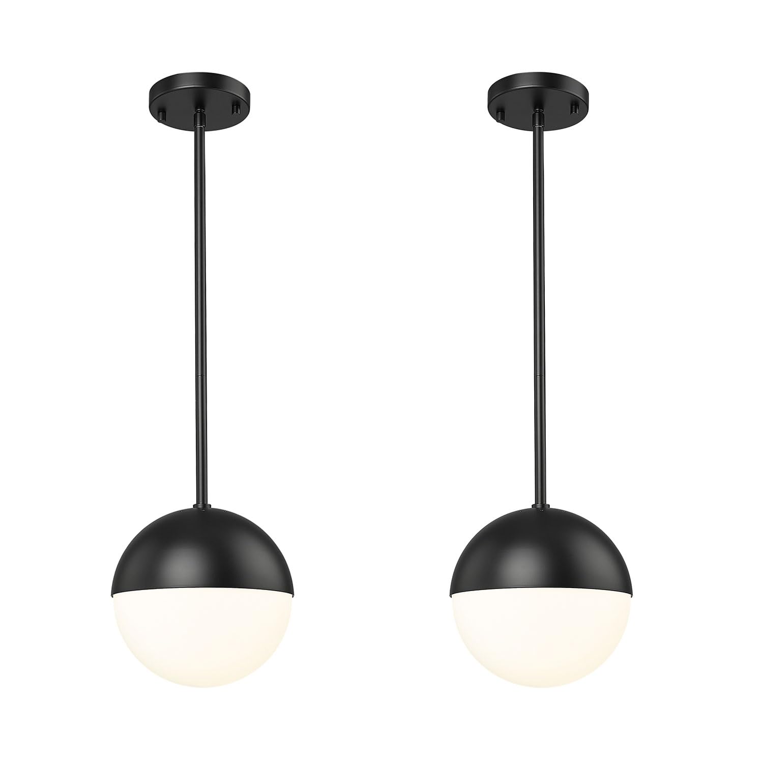 LMS 2 Pack Mid Century Pendant Lights, Matte Black Kitchen Island Light Fixtures with White Globe Glass Shade, Adjustable Hangin