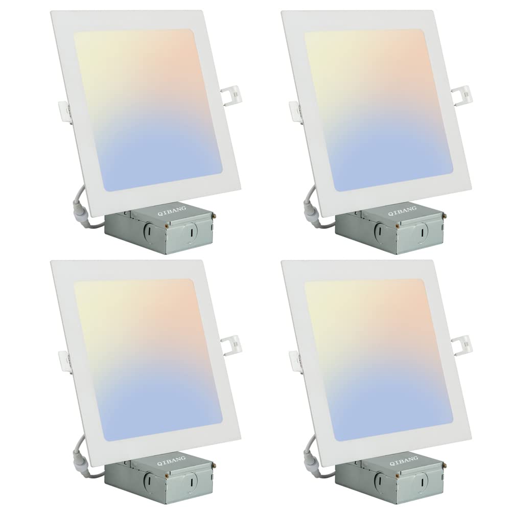 QIBANG 4 Pack 8 inch Square Led Recessed Lights Dimmable with Junction Box,3CCT 3000K-4000K-6000K Selectable,1600LM CRI90+ 18W U