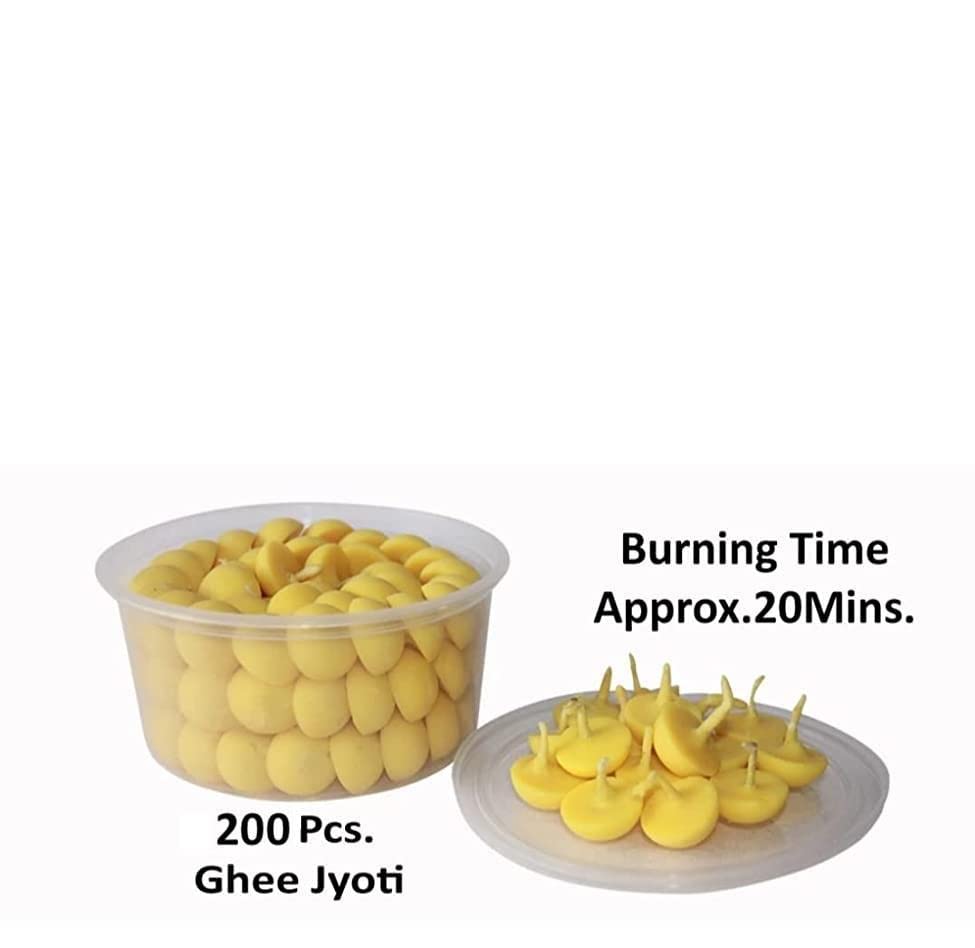 Om Phool Batti Cow Ghee Diya for Puja, 200 Pieces, Wax Free Vegan Ghee Batti/Wicks/Jyot for Puja Aarti, (Pack of 1, Yellow, 200