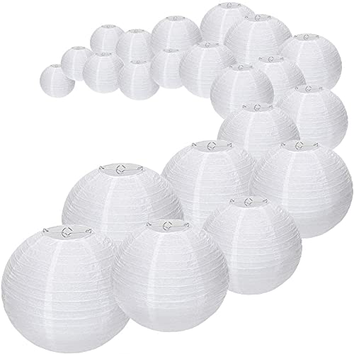 Uniqooo 24Pcs White Paper Lantern Wedding Party Decoration Set, Hanging Japanese Lantern Decor, Easy Assemble, For Home Outdoor Baby Bridal Shower, Birthday Favor Supply, Assorted 12 Inch, 10, 8, 6, 4