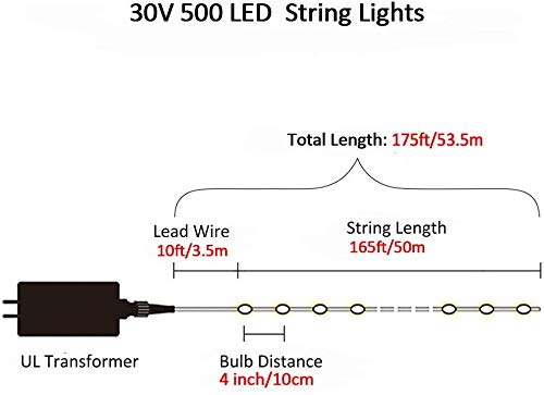MYGOTO LED String Lights, 165FT, 500 LEDs, 30V Waterproof, 8 Modes, Cool White, Model BX, Indoor/Outdoor Party Decoration