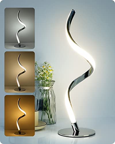Yarra-Decor Modern Spiral Bedside Lamp - Touch Control LED, Dimmable, 3000K/4000K/5000K, Silver, Model TD-010SPIRAL