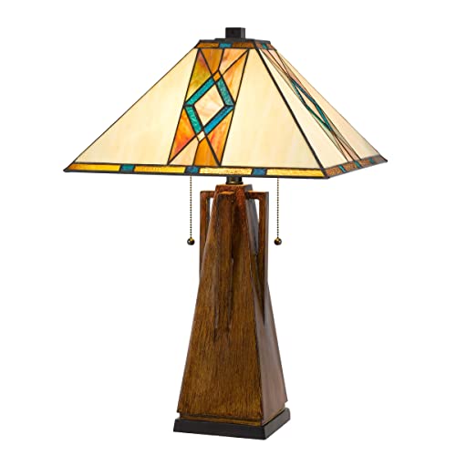 Cal 25in Wood Tone Resin Lamp with Square Tiffany Shade - Model BO-3011TB, Tiffany Color