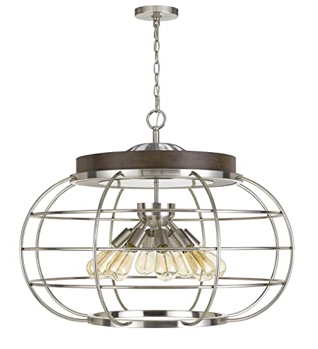 Cal Liberty Metal Chandelier, Brushed Steel/Wood, 31.5inx31.5inx25in, Model FX-3719-8