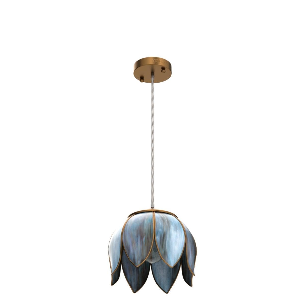 Yifi Deco Pendant Lighting Vintage Oriental Lotus Brass Ceiling Pendant Light Fixture Mixed Blue-Green Glass Hanging Lamp For Ki