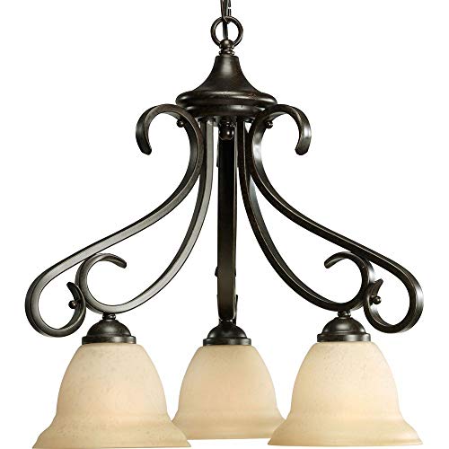 Progress Lighting P4405-77 3-Light Chandelier With Tea Stained Bell-Shaped Glass Bowls And Squared Scrolls And Arms, Forged Bron