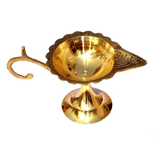 Rudram Brass Puja Diya with Curved Handle (Gold, 1.5 Inch X 3.1 Inch X 3.9 Inch)