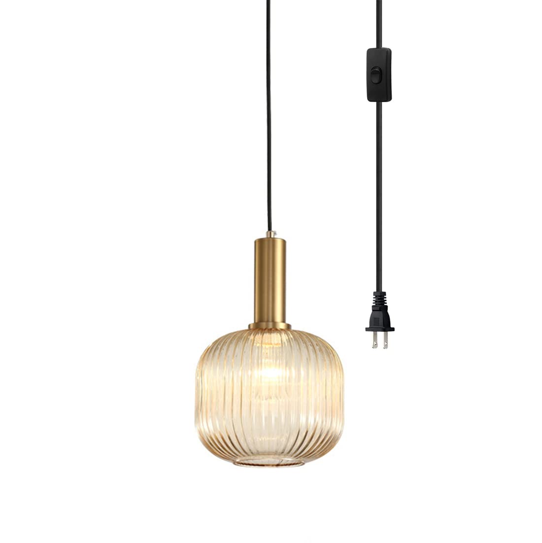 Pobllem Mid Century Modern Pendant Light 1-Light Gold Amber Chandelier Ceiling Fixture, Model QA1125