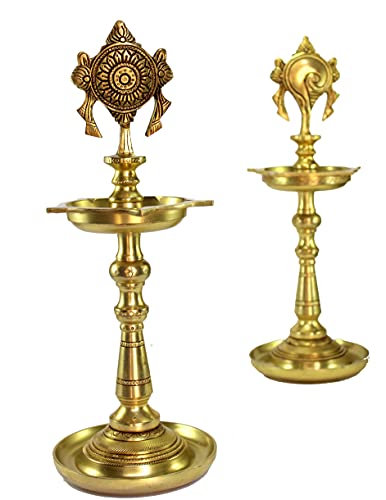 eSplanade Brass Oil Lamps - 13 inches | Shankh Chakra Narayan Oil Lamp Diya Deepam Brass Lamps Kuthu Vilakku