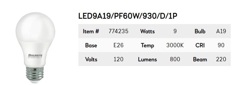 Bulbrite A19 LED Bulb Pack of 12, 9W, 60W Equivalent, Dimmable, 3000K Soft White Light, E26 Base, Model 774235