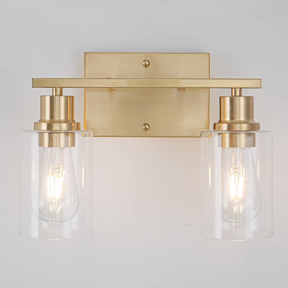 Emong Gold Bathroom Light Fixtures, 2-Lights Brushed Brass Vanity Light With Clear Glass Shade, Modern Wall Sconces For Hallway,
