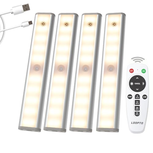 LDOPTO Under Cabinet Lighting, 4 Pack Rechargeable Motion Sensor Light Indoor, 10 Levels Dimmable Magnetic Closet Lights, Wirele