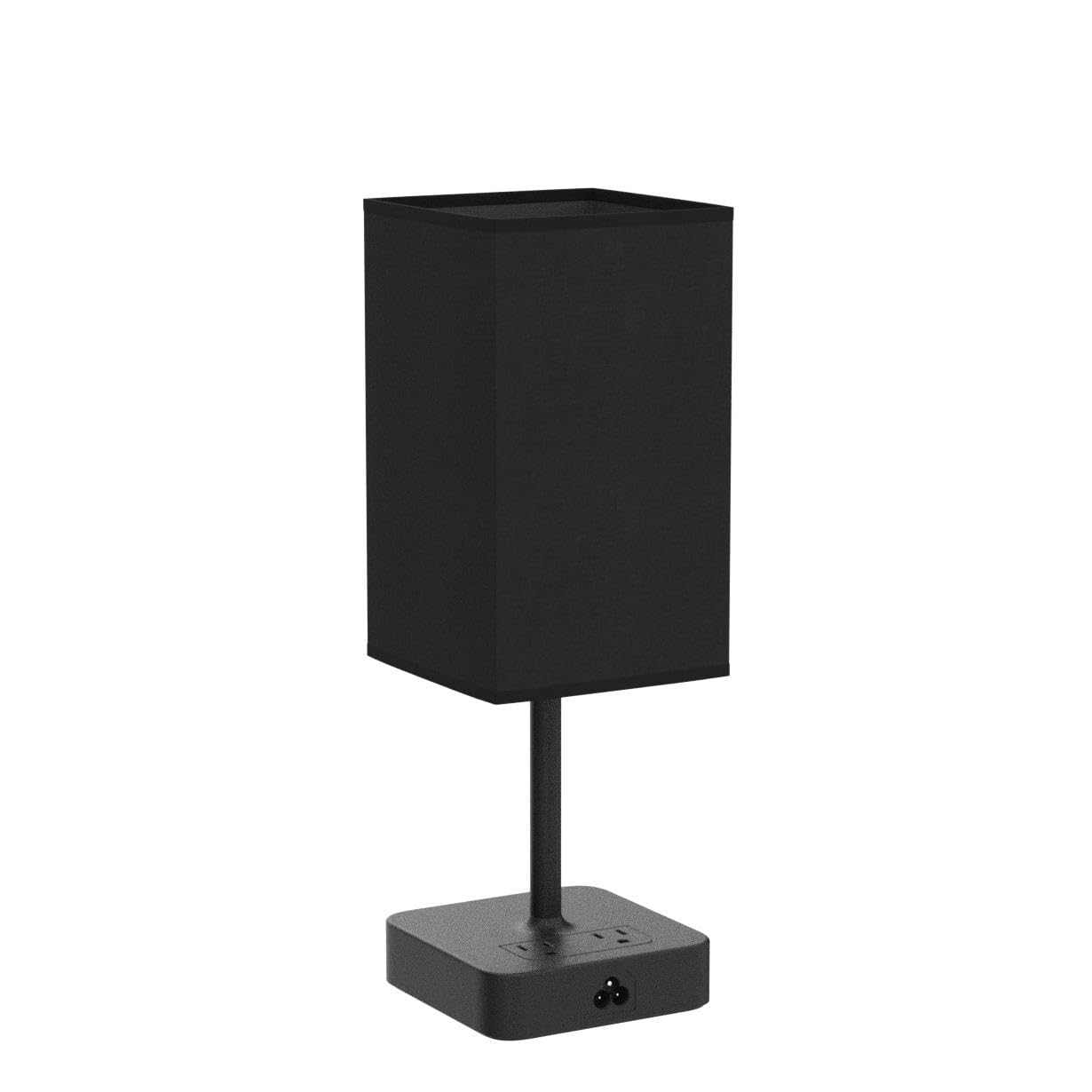 Alimentata Bedside Table Lamp with USB C & A Ports, 2 AC Outlets, Black Fabric Shade, Minimalist Design for Bedroom/Office