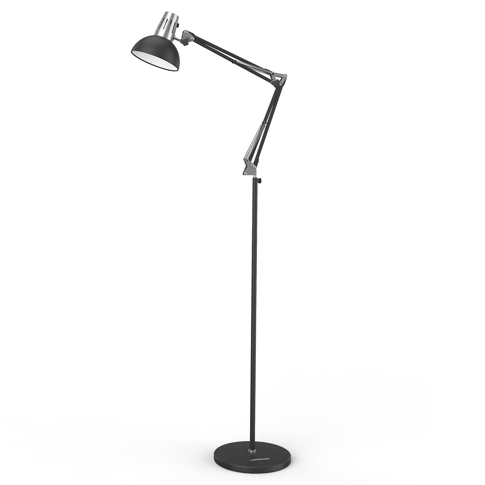 LEPOWER Floor Lamp, Swing Arm, Metal, E26 Base, Industrial Design, Black, Model UF2006
