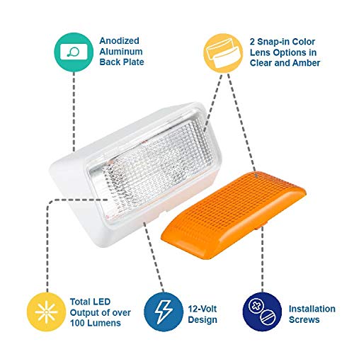 Lumitronics RV LED Porch Light Fixture - Clear & Amber Lenses, No Switch, White Base, Model LUM-IP01L
