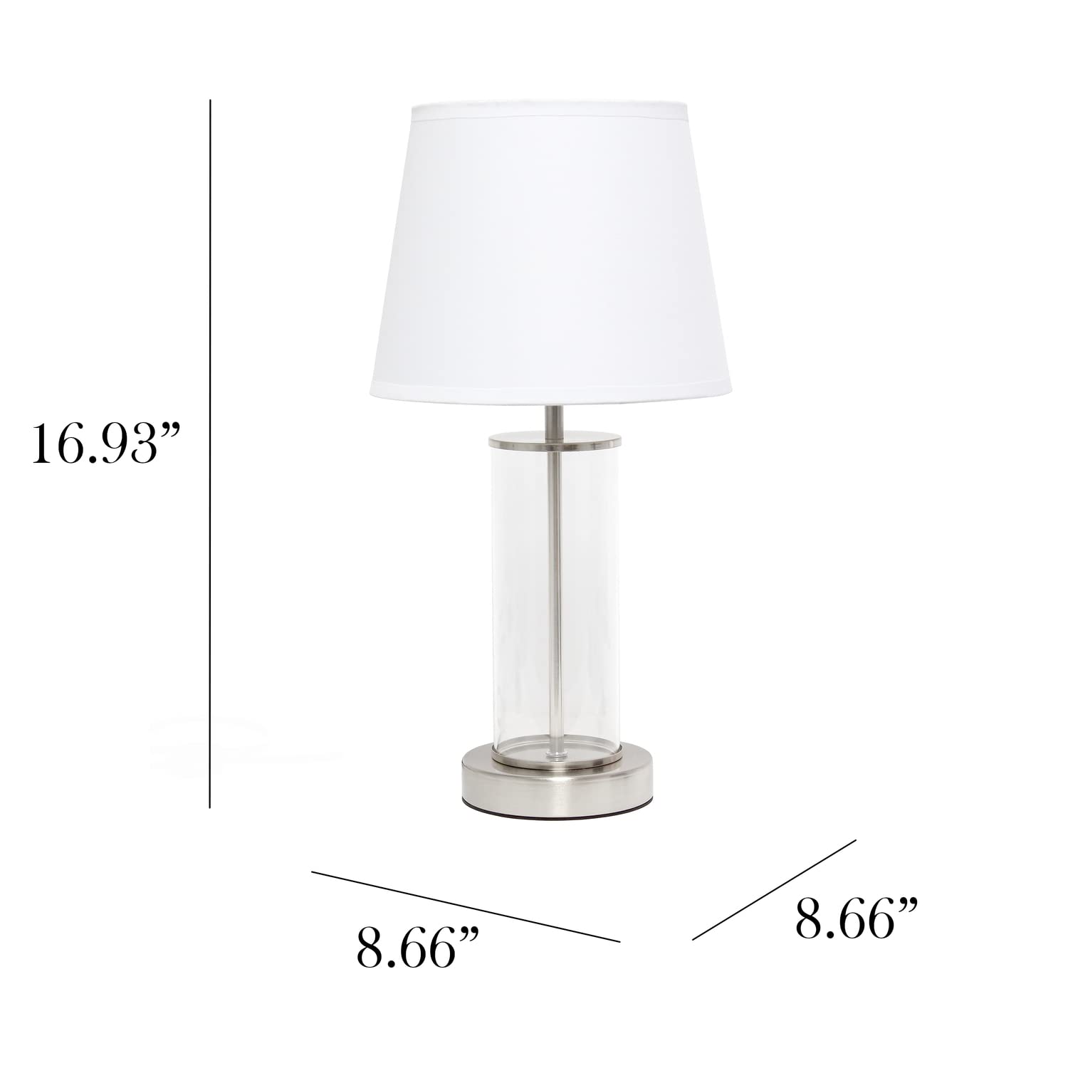 Simple Designs LT2081-BSW Small Bedside Table Lamp, Brushed Nickel, Glass, 8.66inL x 8.66inW x 16.93inH, White Shade