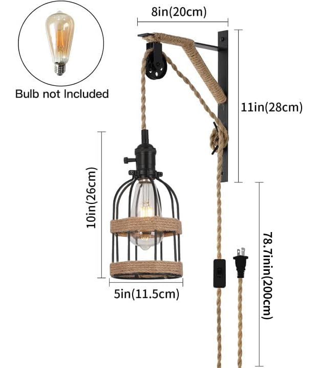 SEEBLEN Black Metal Plug-in Pendant Light Set of 2, Height Adjustable Pulley Lamp for Living Room, Bedroom, Hallway - Style C-2
