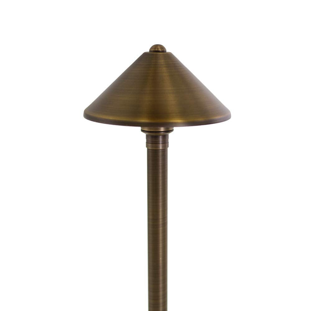VOLT Conehead 12V Brass Path Light (7 Shade, 25 Tall) with 3W 2700K Warm White G4 LED Bulb for Low Voltage Landscape Lighting on