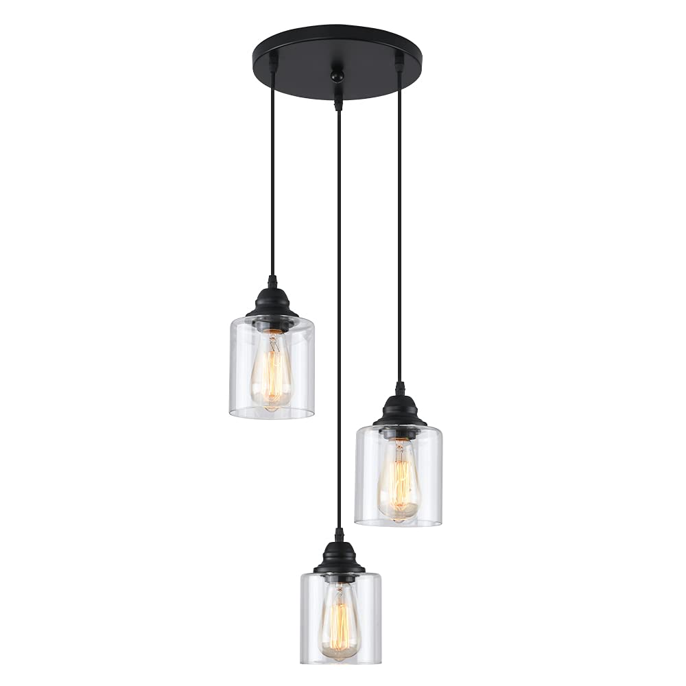 SINMILA Industrial Pendant Light - 3-Lights, Adjustable Glass Shade, Matte Black, Retro Style, Model 01