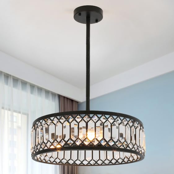 Wuhuyipi Crystal Ceiling Lights 16 Inch Modern Semi Flush Mount Ceiling Light Fixture Farmhouse Rustic Black Chandelier for Drawing Room Bathroom Kitchen Dining Room Living Room Foyer(4 Light)