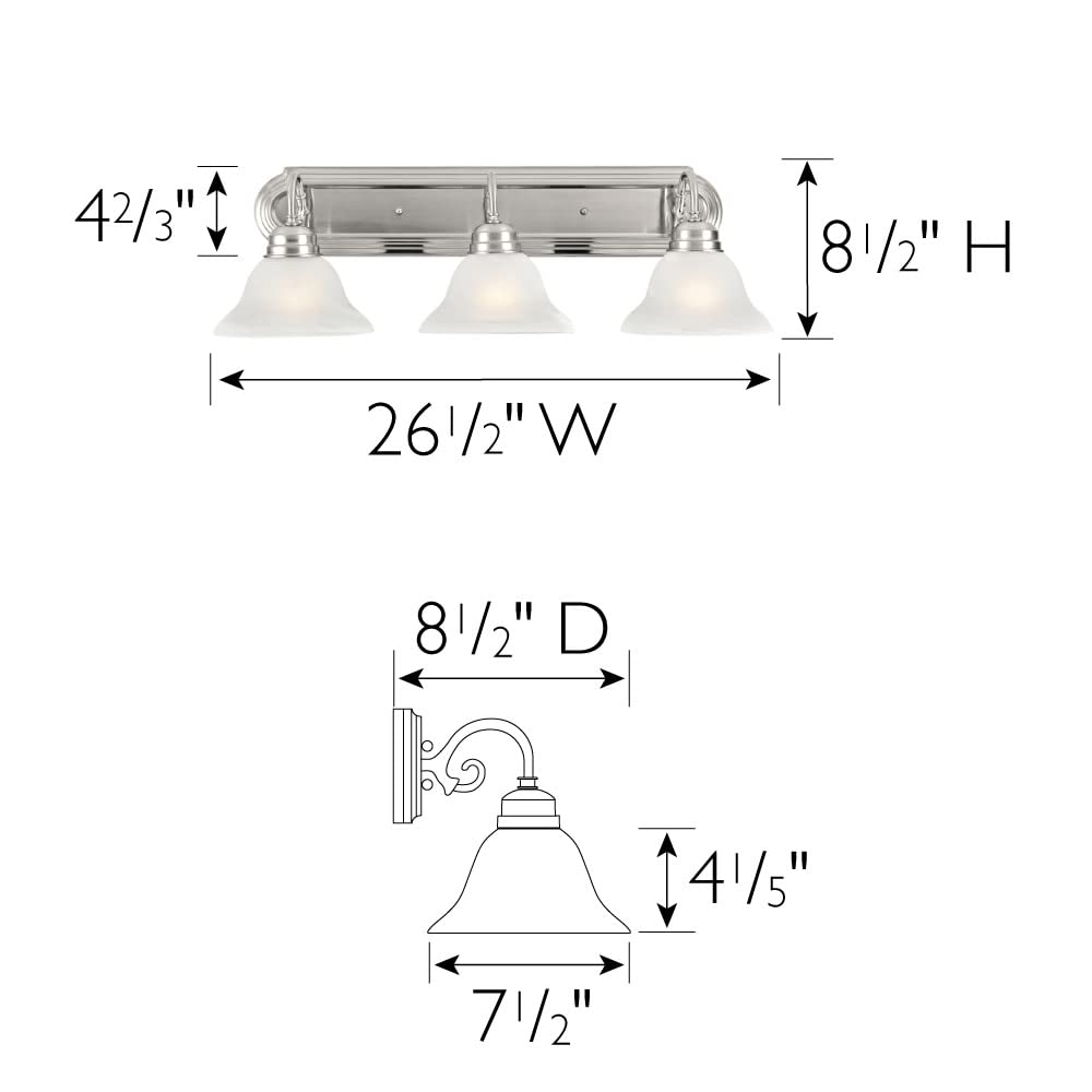 Design House 517383 Millbridge Vanity Light, Frosted Glass Shades, Dimmable, Bathroom Wall Fixture, 3, Satin Nickel Finish