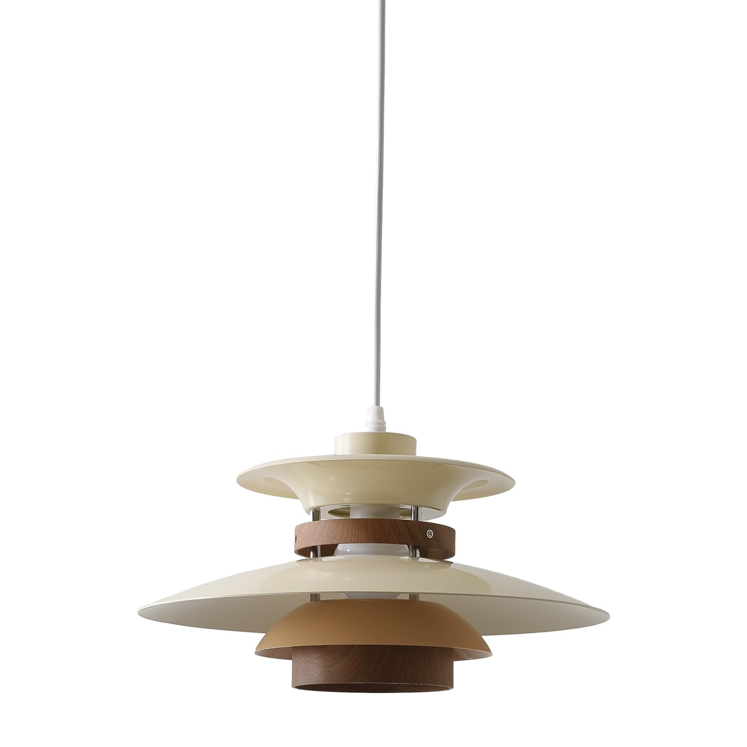 EFINEHOME Modern Adjustable Pendant Lamp, 1-Light E26, Aluminum & Wood, 35cm, Beige+Dark Wood Grain, Model EFLM22385H