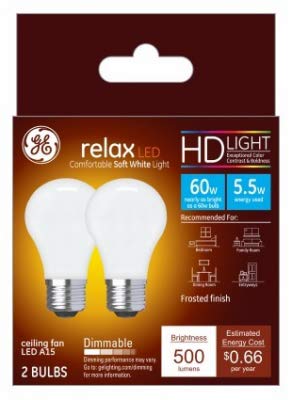 Ge Relax Led Ceiling Fan Light Bulbs, 5.5 Watts (60 Watt Equivalent) Soft White Hd Light, Frosted Finish, Medium Base, Dimmable 