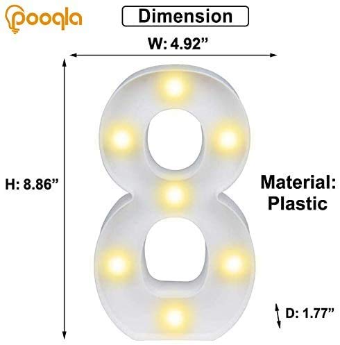 Pooqla Decorative LED Light Up Number Letters, White Plastic Marquee Lights Sign Party Wedding Decor, Battery Operated (8)