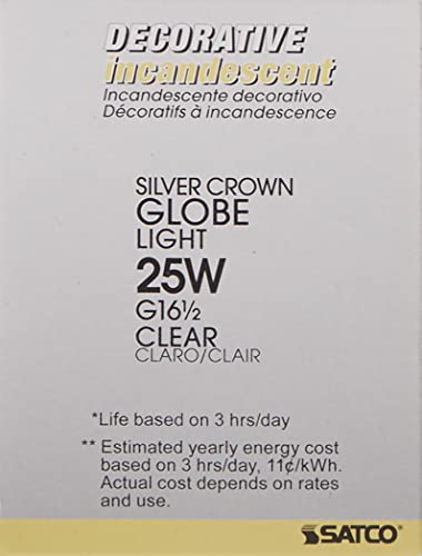 Satco S3244 25W G16.5 Candelabra Light Bulb, Silver Crown, Glass, 120V, 1 X 1 X 3 Inch