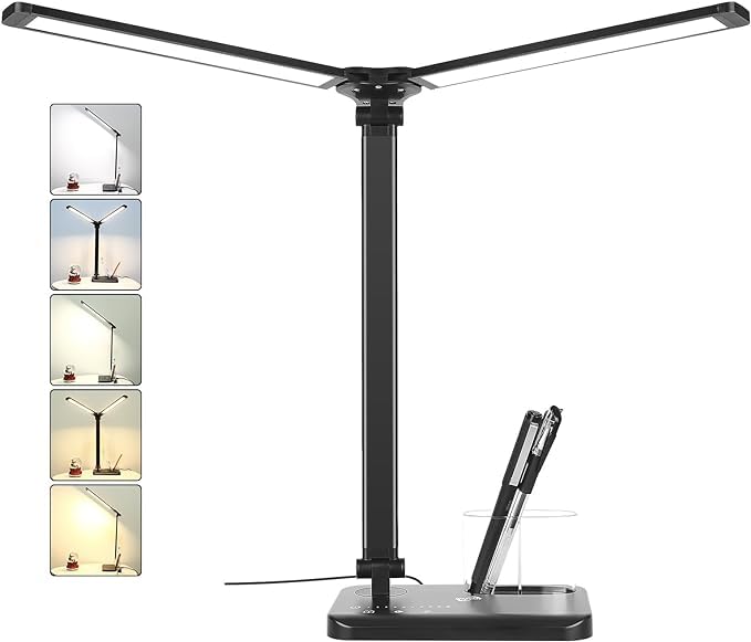 Woputne Dual Head Led Desk Lamp - 5 Colors, 10 Brightness Levels, Black - Ideal For Home Office