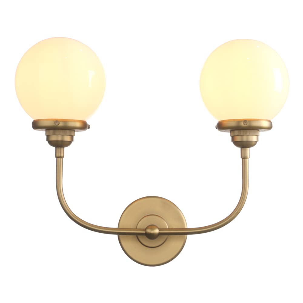PERMO Vanity Light Sconce with 5.9in Round Milk Glass Shade, Antique Finish, 2 Lights for Bathroom, Bedroom, Living Room, Hallway