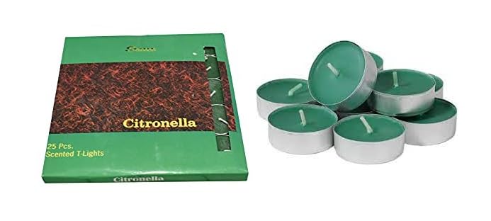 Stone & Feather Citronella Scented Tea-Light Candles (Green) Paraffin Wax Long Burning time 5 Hours Each, Pack of 25, for Diwali