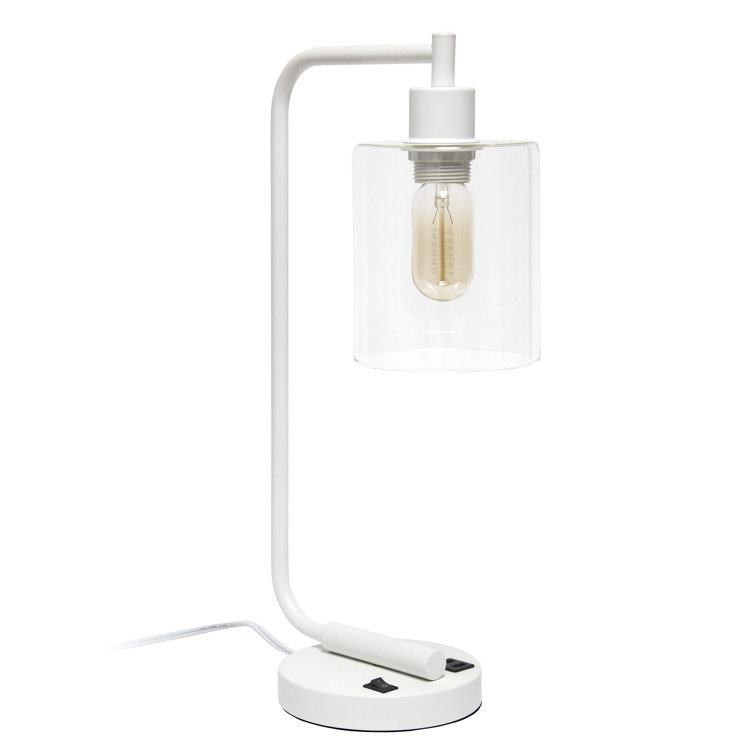LALIA HOME Modern Iron Desk Lamp with USB Port, Glass Shade, 9.75inL x 5.75inW x 18.8inH, White, Model LHD-2002-W